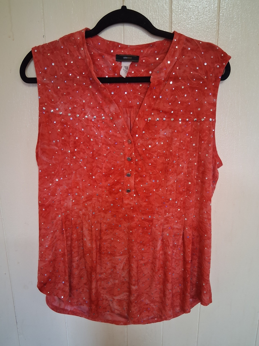 Vera Rose Coral Sequin Sleeveless Henley Tank